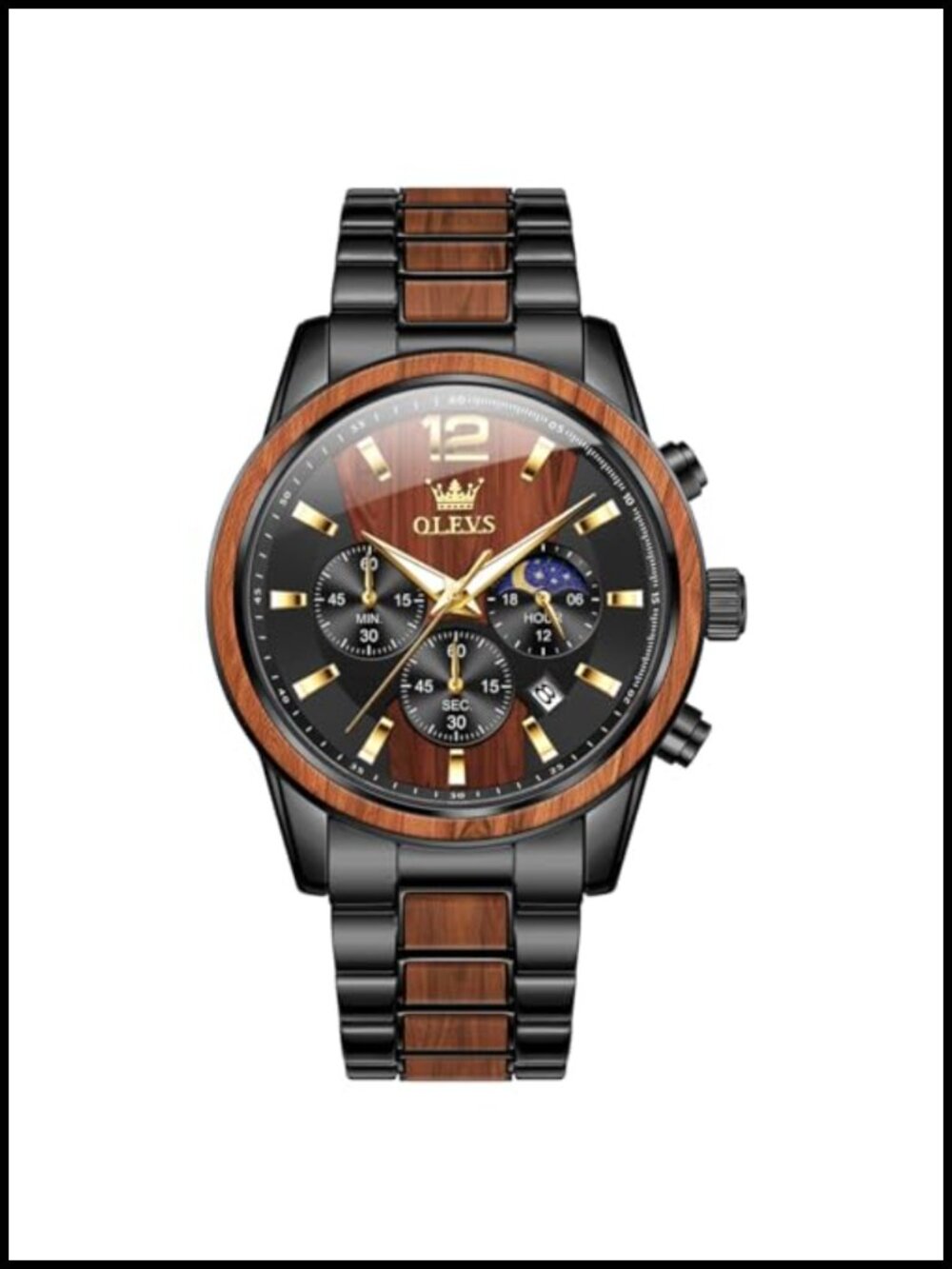 Men's Multifunction Chronograph Watch Wood Stainless Steel Moon Phase Luminous
